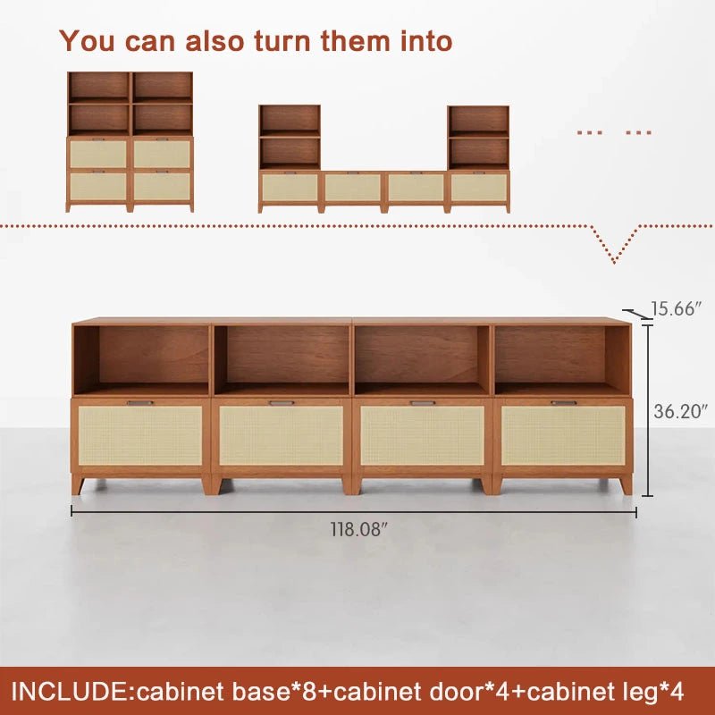 Low Bookshelf With Doors and Open Compartments - Cozy Nest