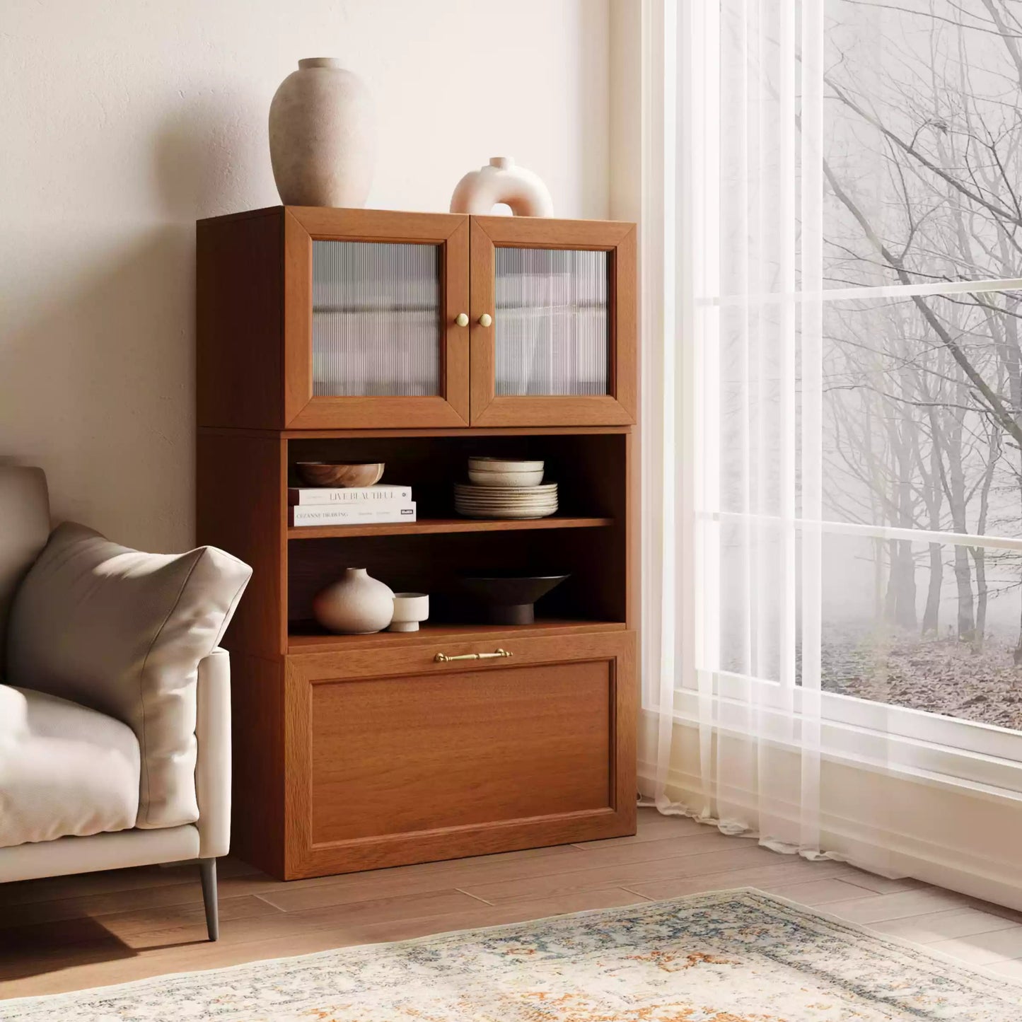 Wood Sideboard With Adjustable Interior Shelves 29.53"L 44.88"H | Walnut - Cozy Nest