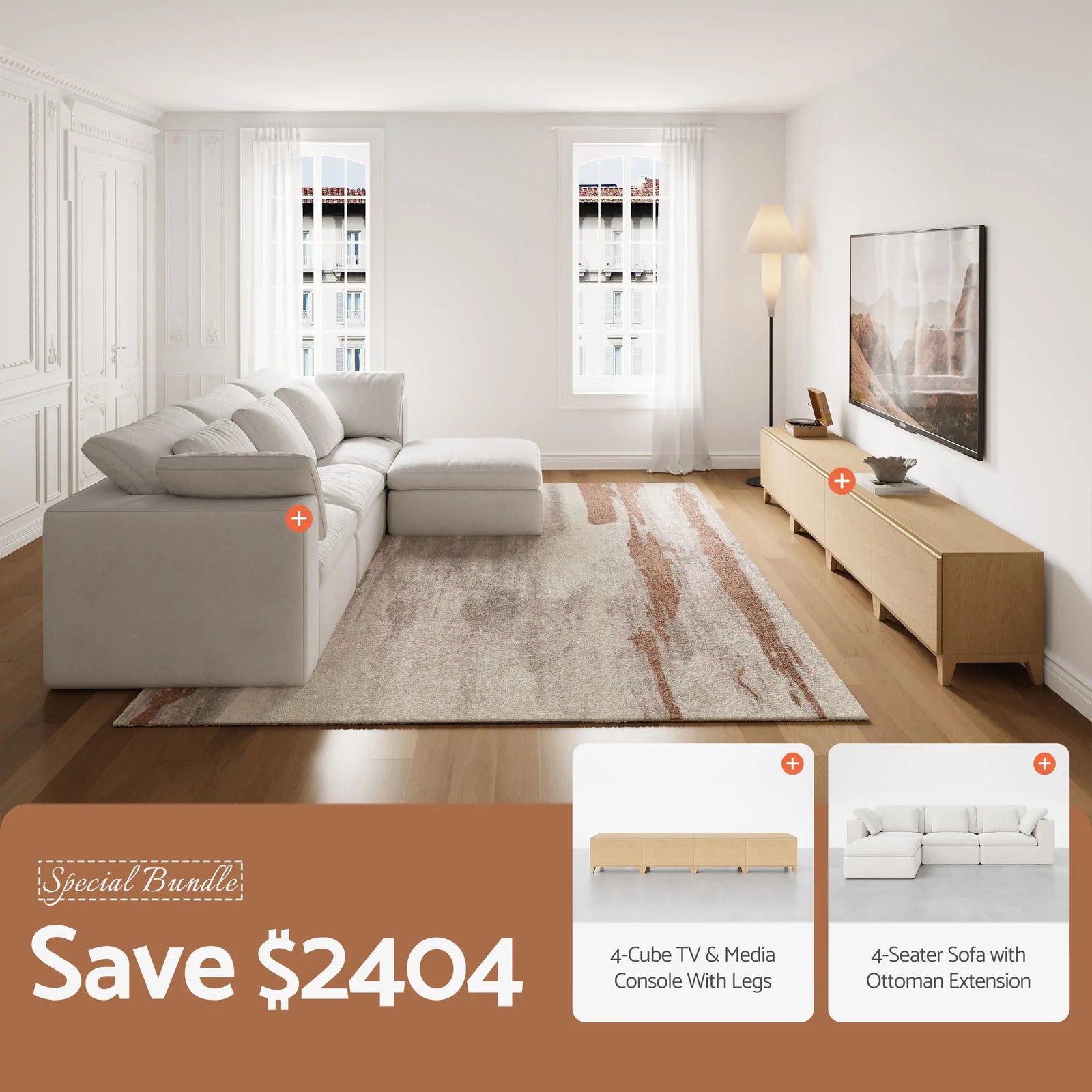 Natural 4-Cube TV Console + 4-Seat Sofa with Ottoman Bundle