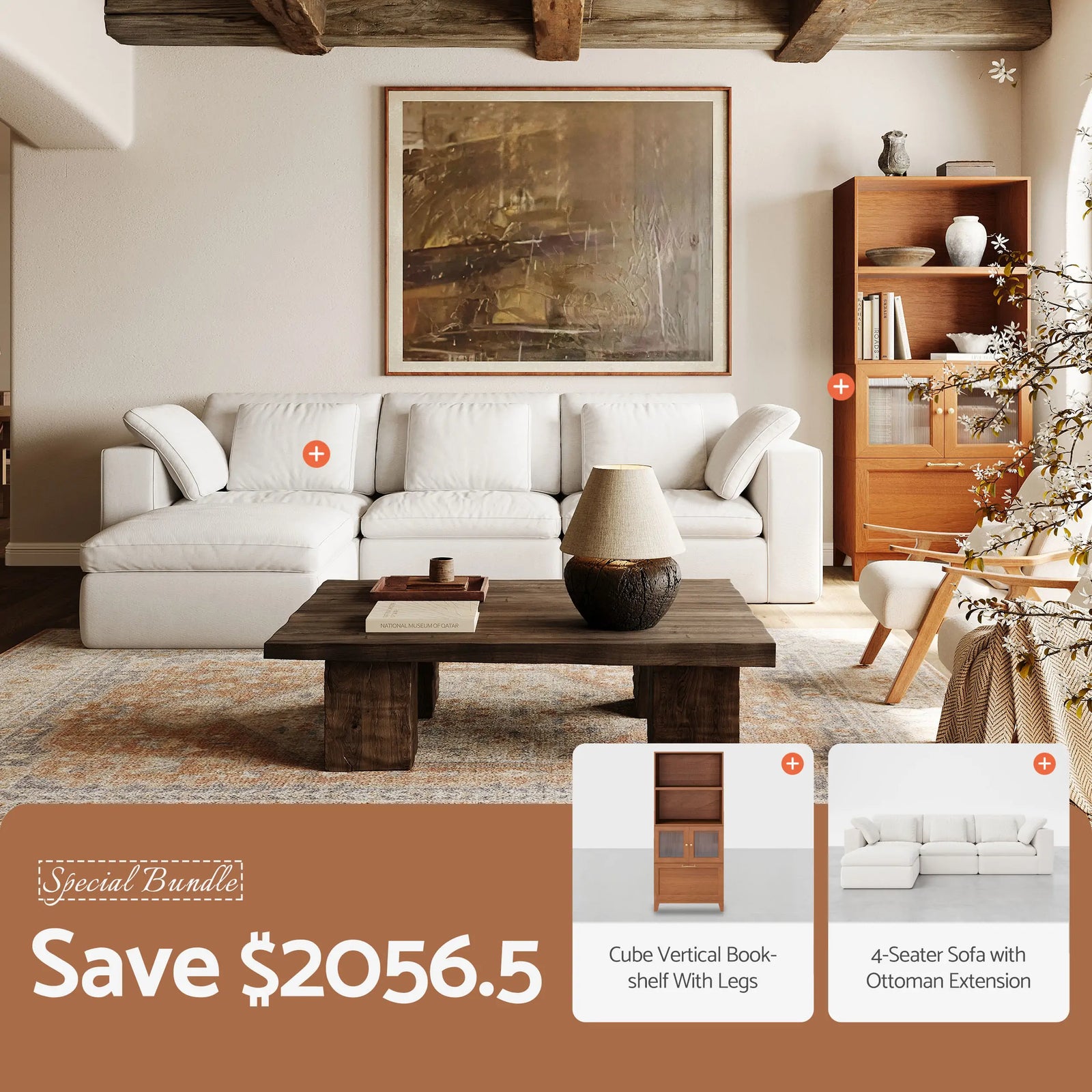 Walnut 4-Cube Bookshelf + 4-Seat Sofa with Ottoman Bundle