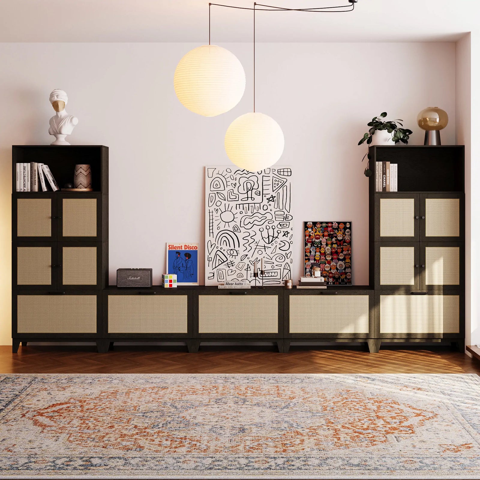 11-Cube U-Shaped TV & Media Console With Legs | 147.65"L x 15.67"W x 67.72"H