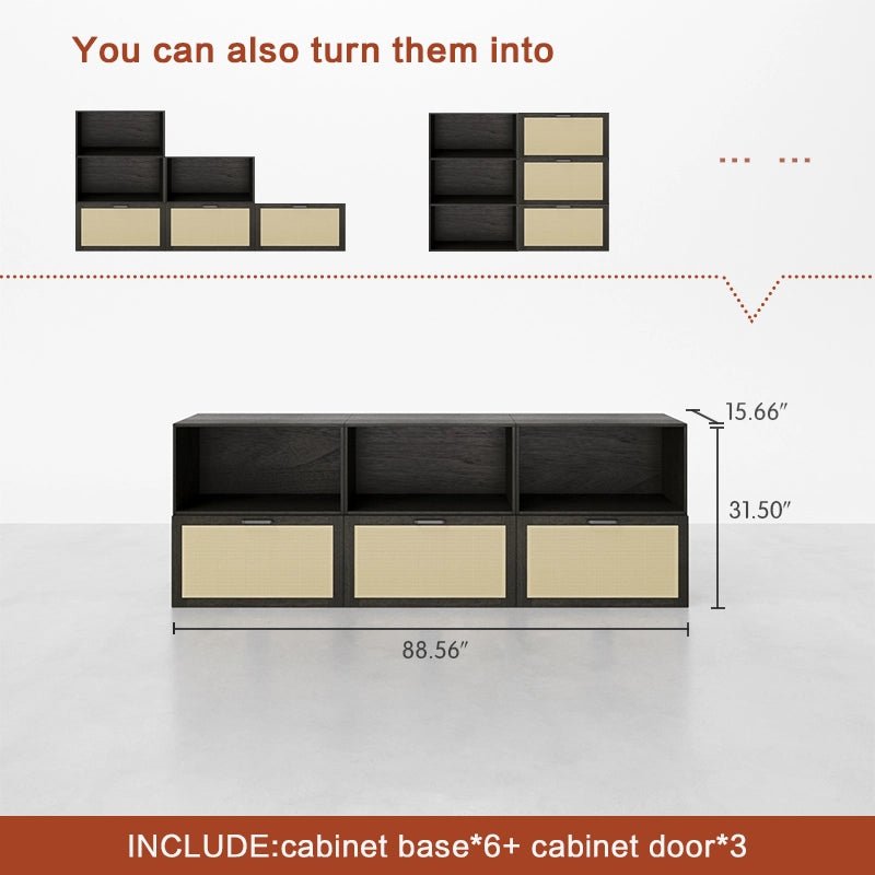 Low Bookshelf With Doors and Open Compartments - Cozy Nest