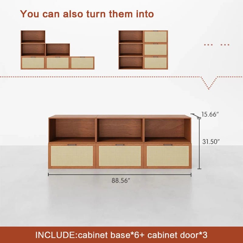 Low Bookshelf With Doors and Open CompartmentsCombination 6