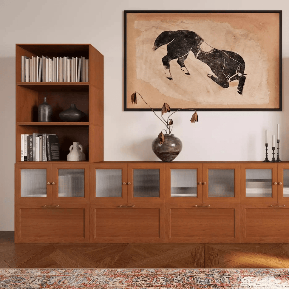 16-Cube Walnut Wooden Media Stand | 147.65 "L x 15.66"W x 78.75"H