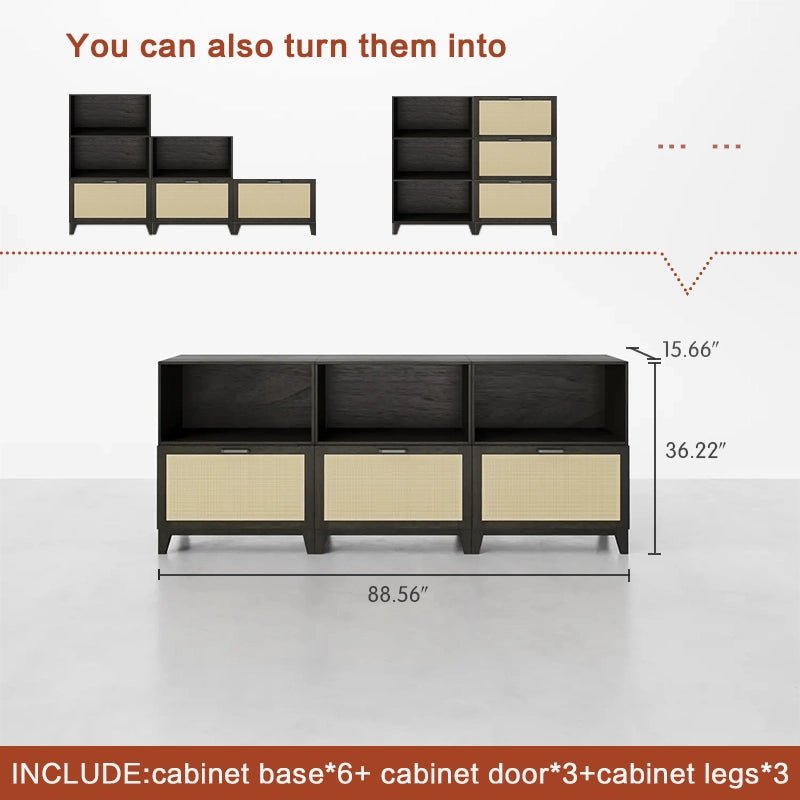 Low Bookshelf With Doors and Open CompartmentsCombination 8