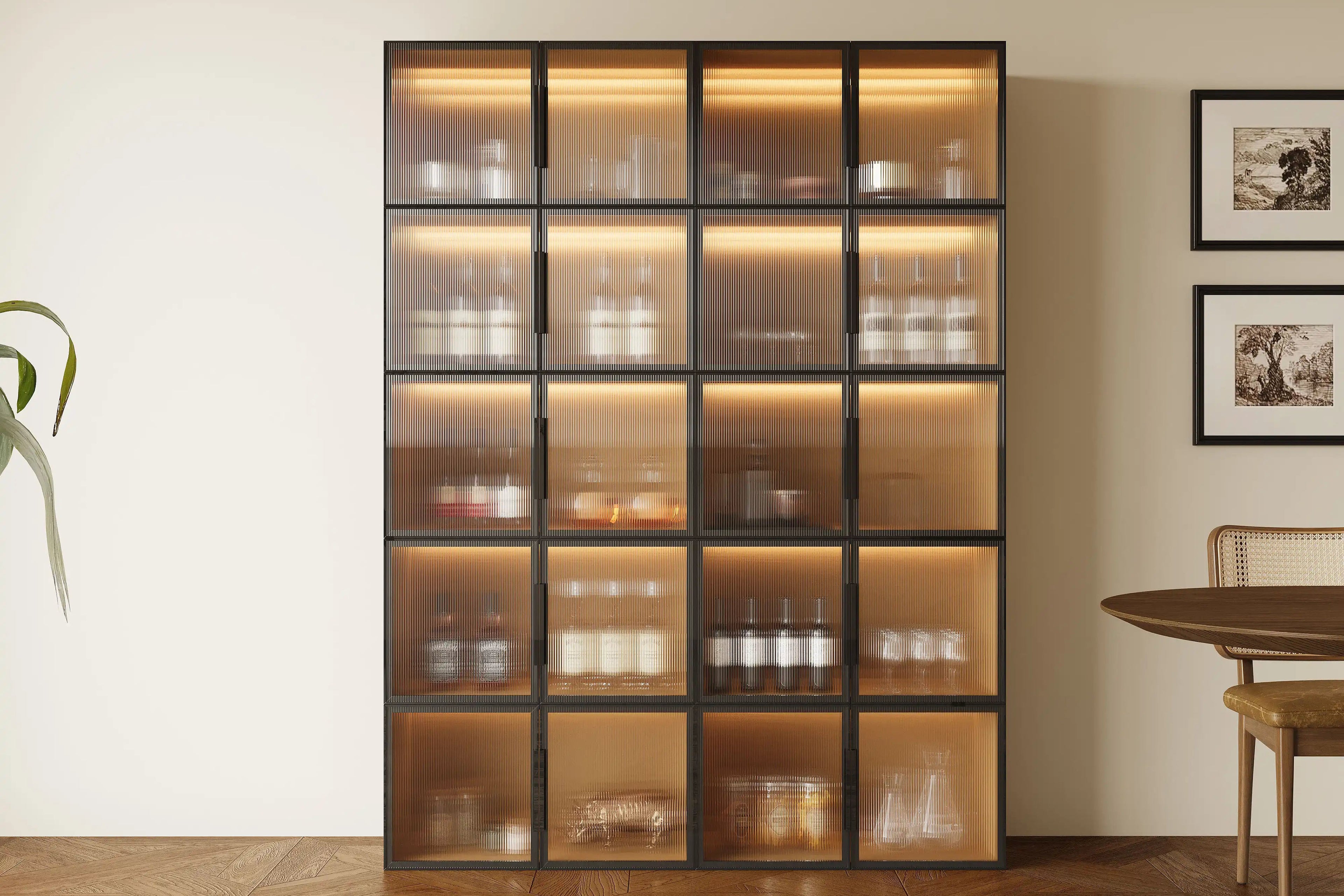 20 black basic cabinets are arranged into a modern and simple wine cabinet and equipped with acrylic translucent doors.