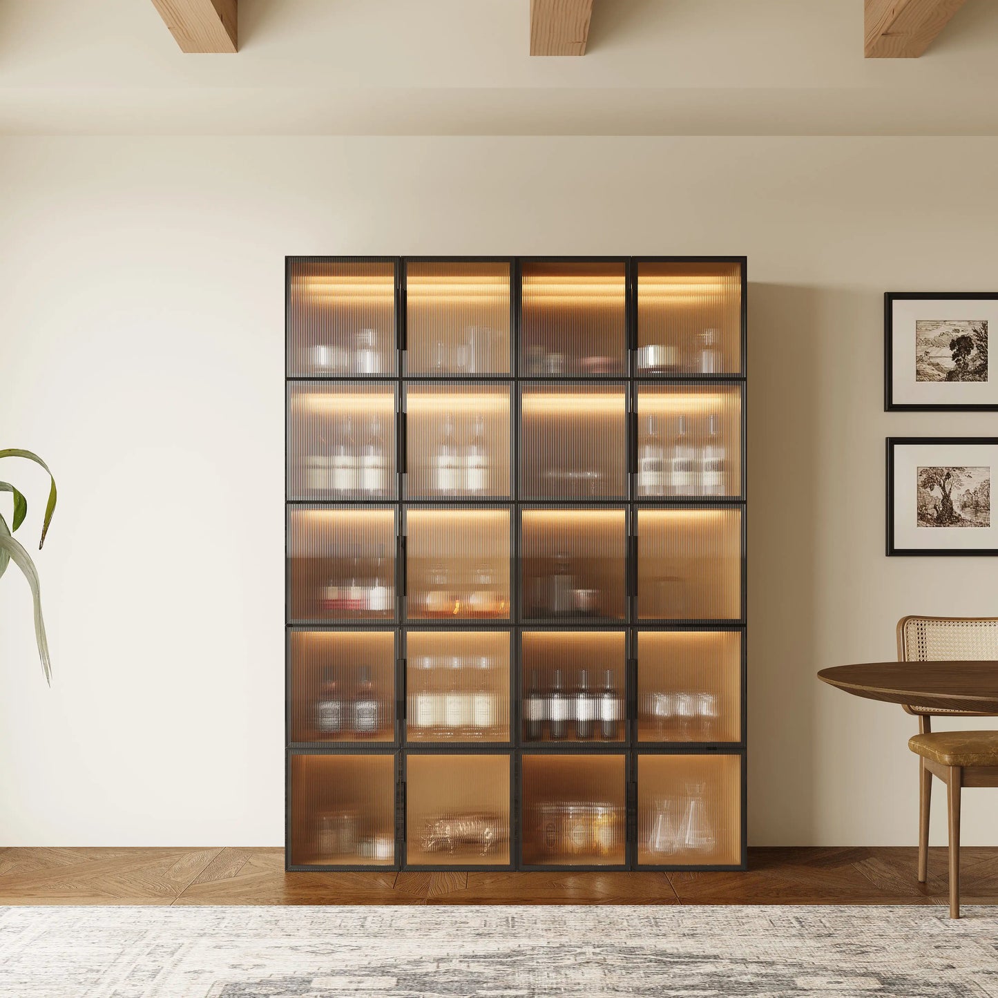20 black basic cabinets are arranged into a modern and simple wine cabinet and equipped with acrylic translucent doors.