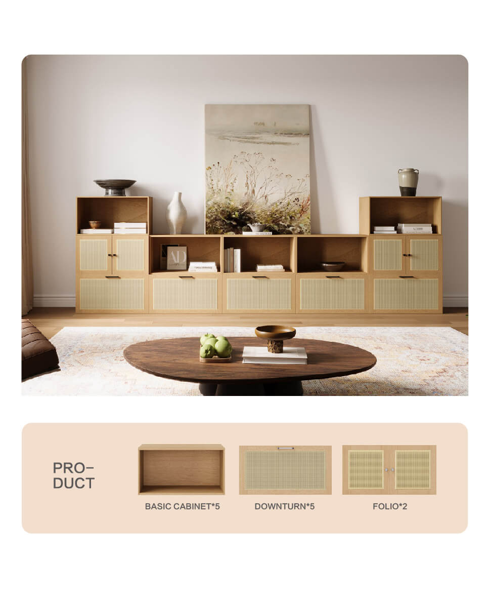 This is a U-shaped side cabinet made up of 12 basic modular log-colored cabinets, and it shows the cabinet body and door shapes used.