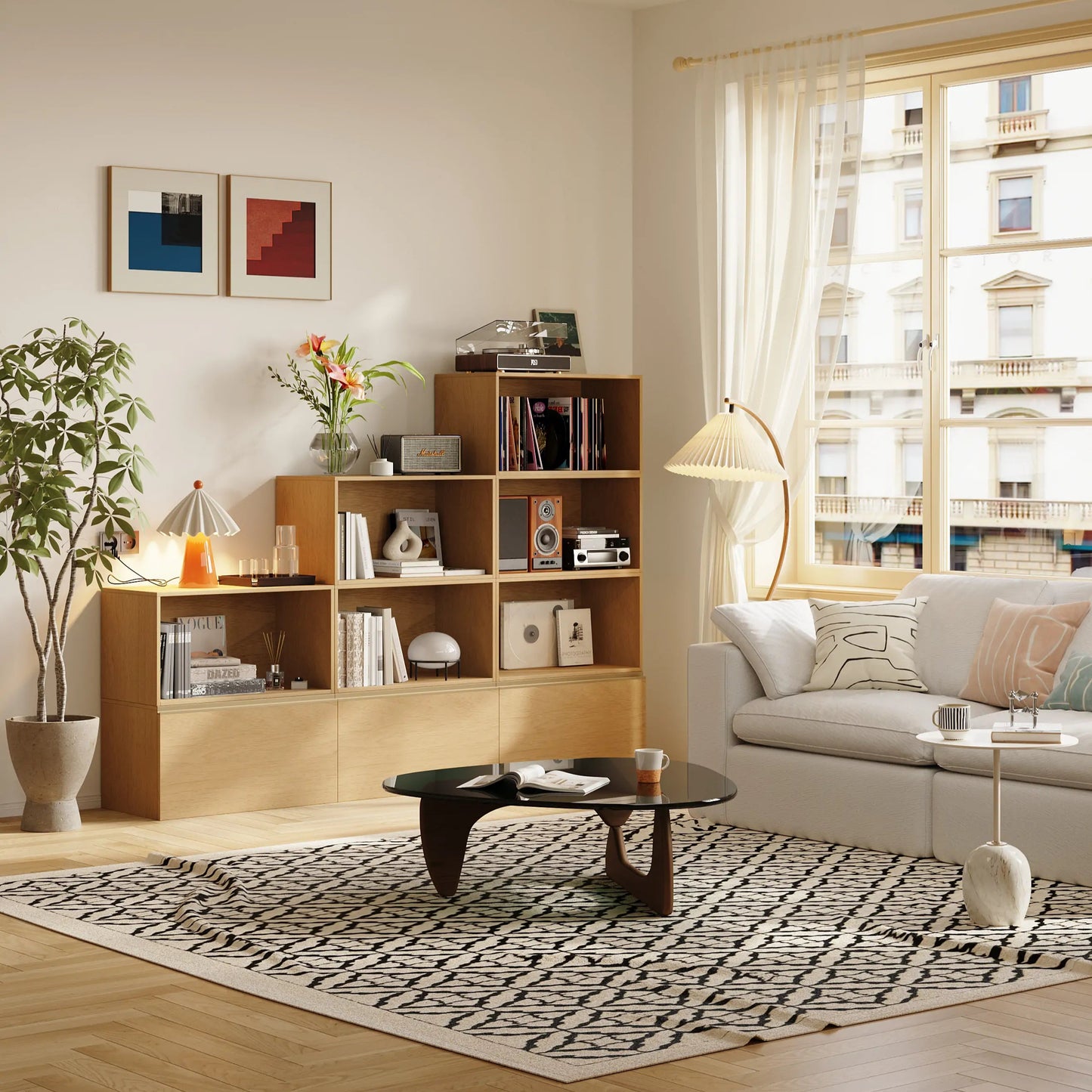 Natural 9 Cube Tower Library Bookshelf | 88.58"L 63"H - Cozy Nest