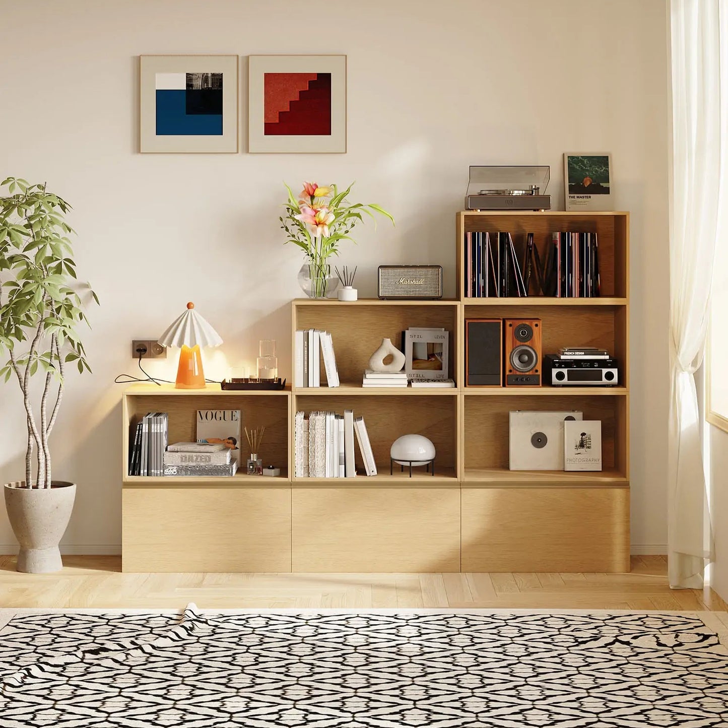 Natural 9 Cube Tower Library Bookshelf | 88.58"L 63"H - Cozy Nest