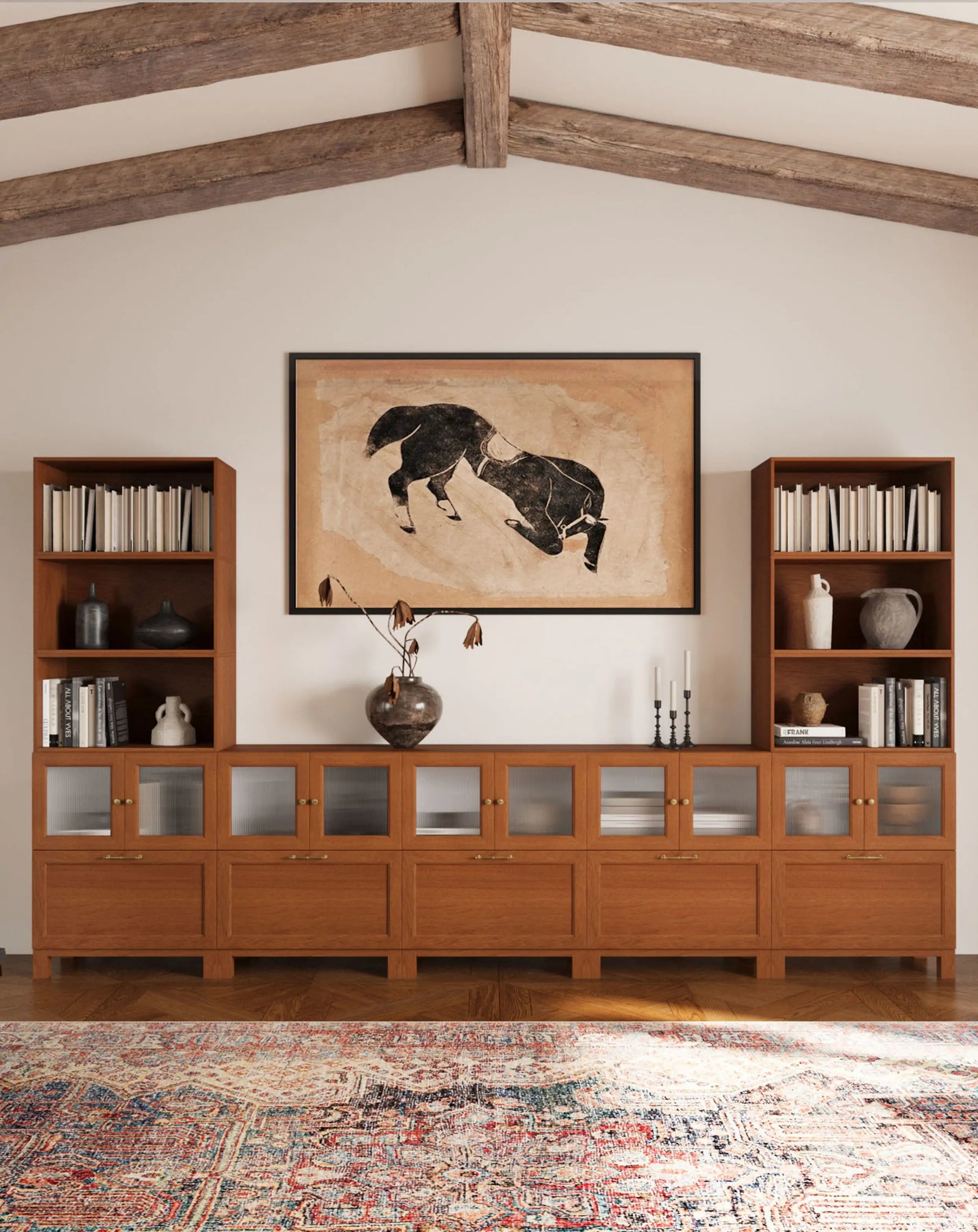 Twelve walnut-colored basic cabinets form a U-shaped classic retro bookcase and are placed against the wall in the living room to store many books.
