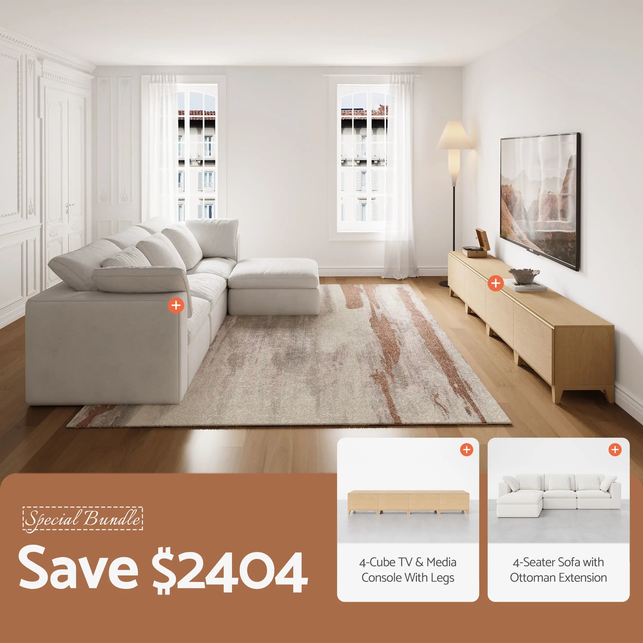 Natural Wood 1×4 TV Console + 4-Seat Sofa & Ottoman Bundle | Cozy Nest