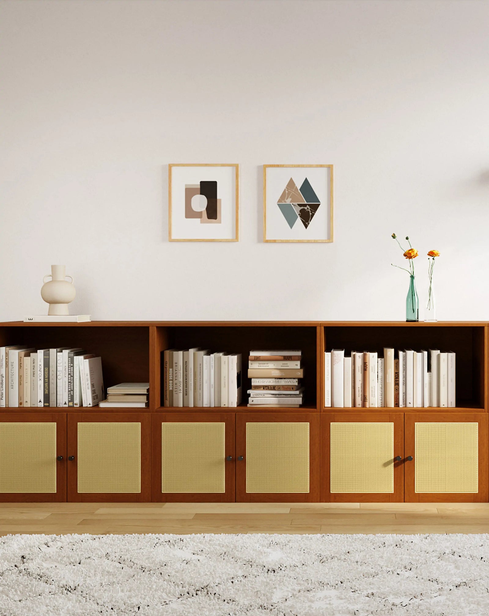 A detailed view of a walnut-colored rattan door sideboard.