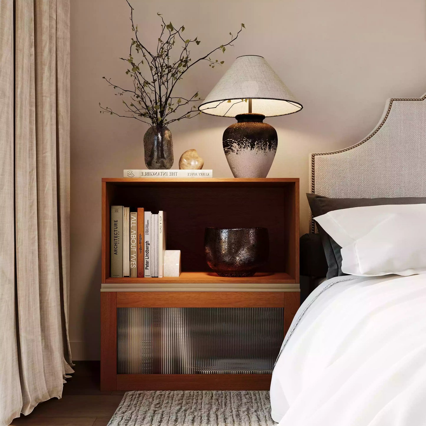 Bedside Cabinet With One Glass Door 29.53"L 29.92"H | Walnut - Cozy Nest