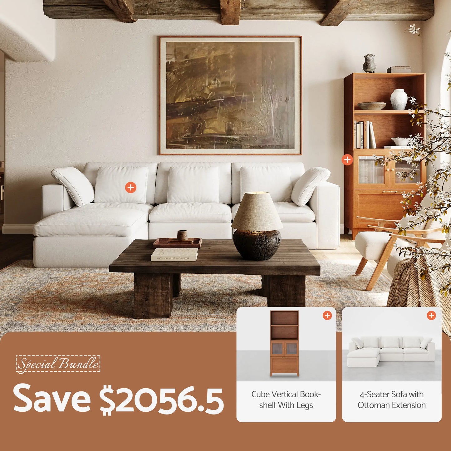 Walnut 4 - Cube Bookshelf + 4 - Seat Sofa with Ottoman Bundle - Cozy Nest