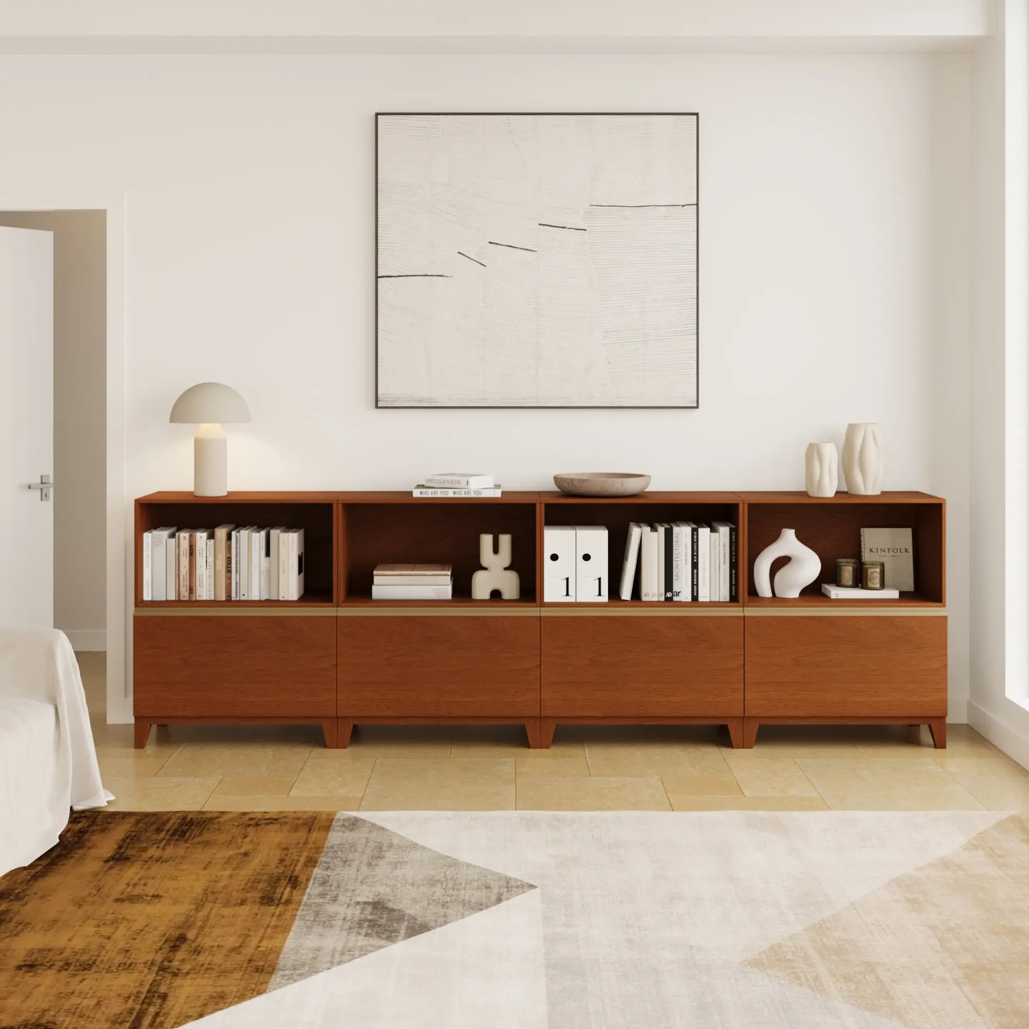The cozy nest classic composite walnut modular sideboard is made up of 8 basic cabinets.