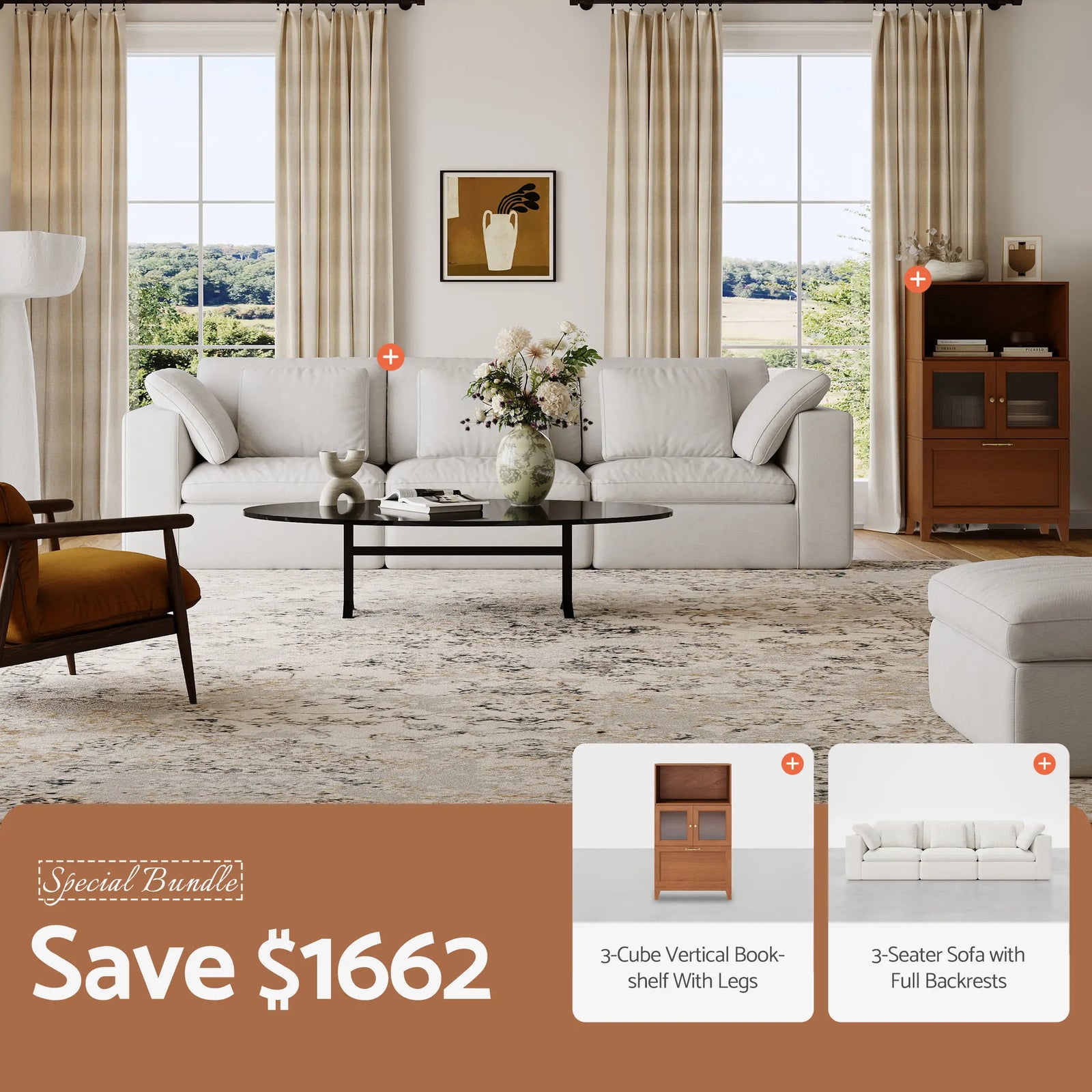 Walnut 3-Cube Bookshelf + 3-Seat Sofa Bundle