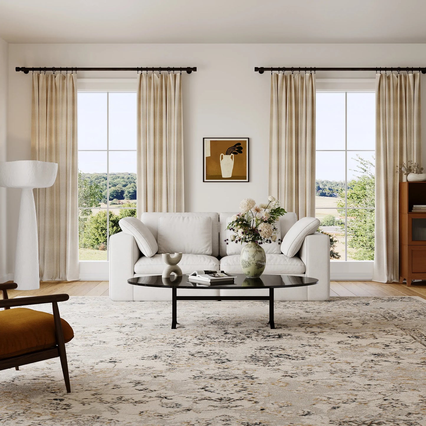 The modern and simple living room is equipped with a modular double sofa.