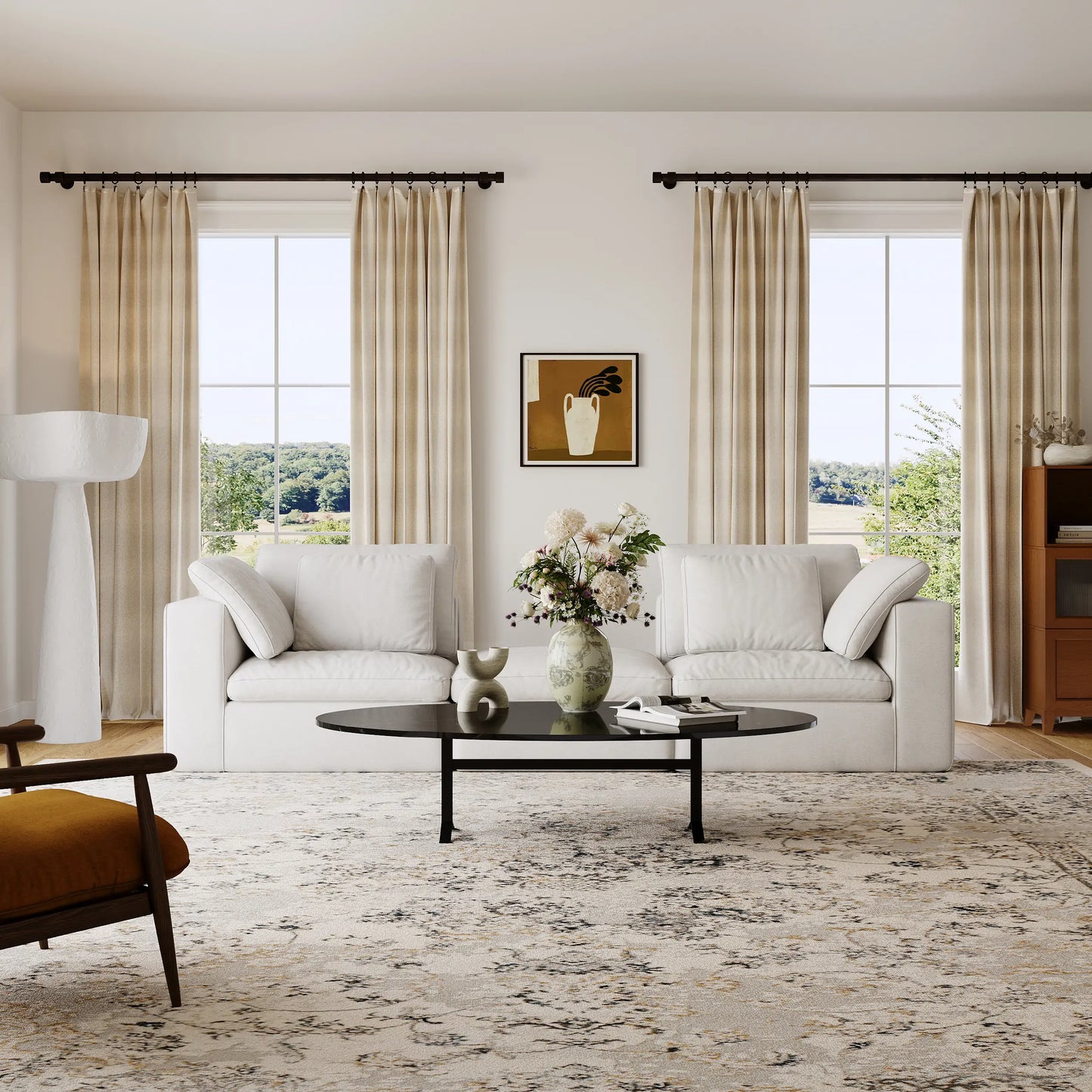 The modern and simple living room is equipped with a modular 3-seater sofa.