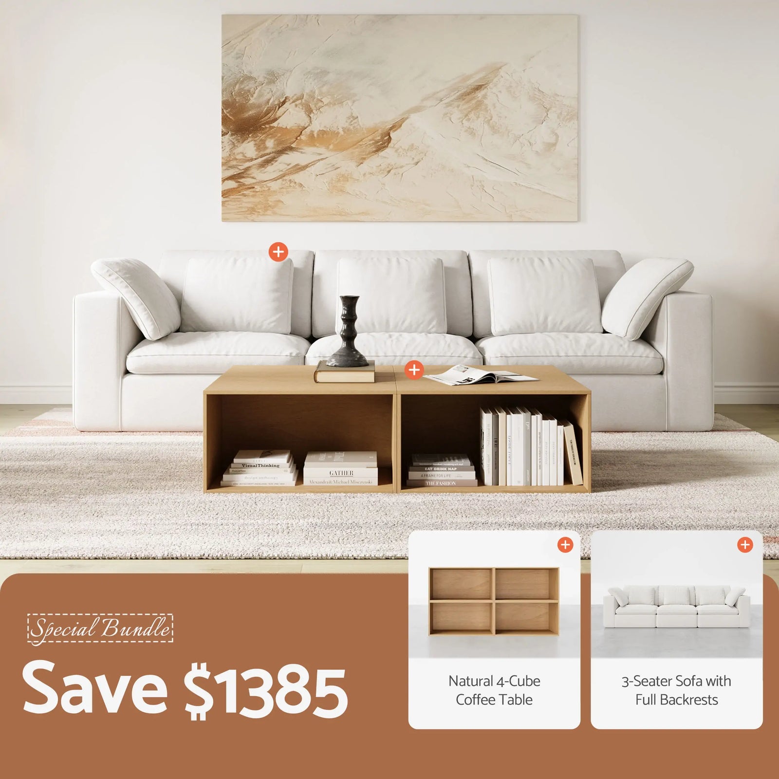 Natural 4-Cube Coffee Table + 3-Seat Sofa Bundle