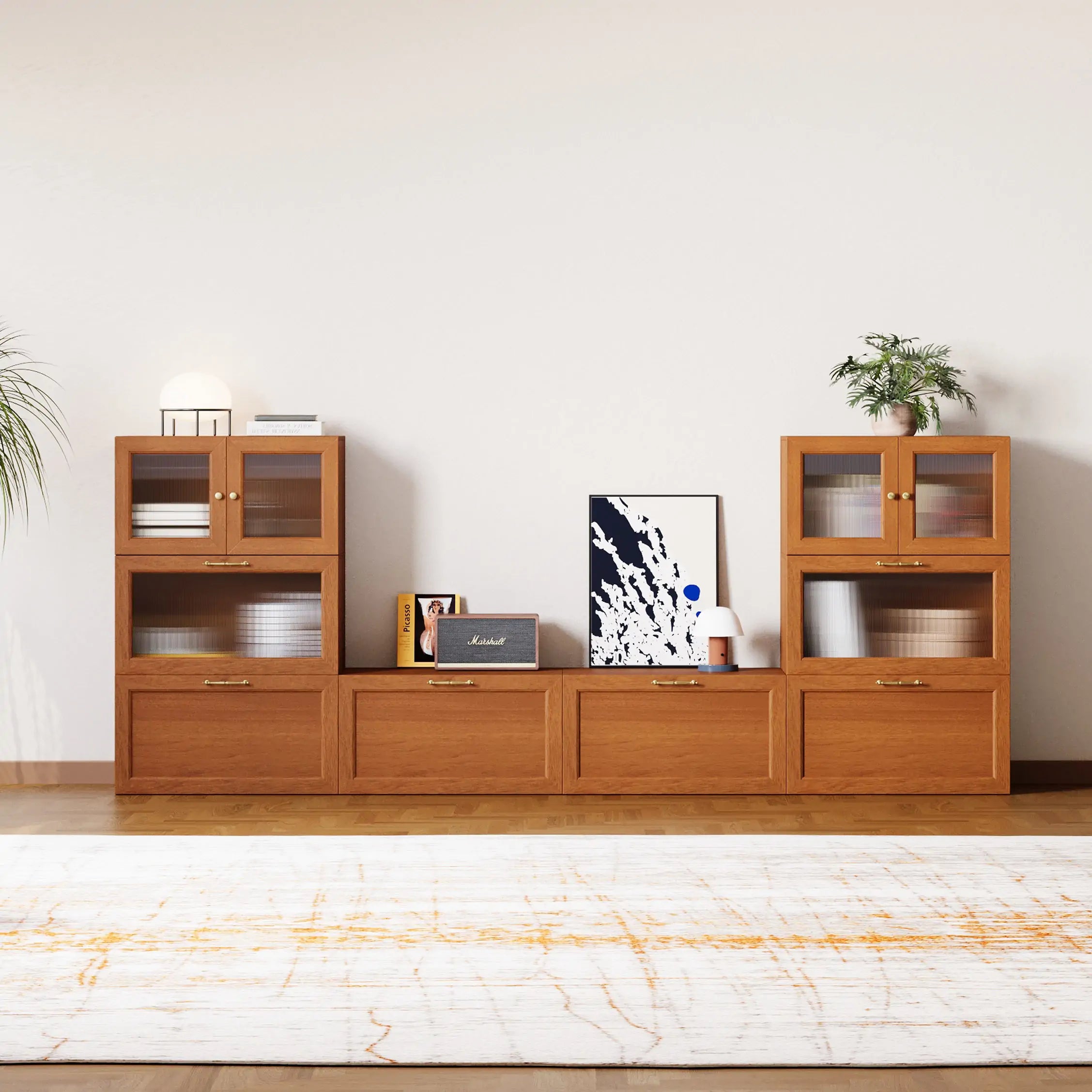 U Shape Console Unit 8-Cube U-Shaped TV Console with Full Doors | Classic Walnut & Black ...