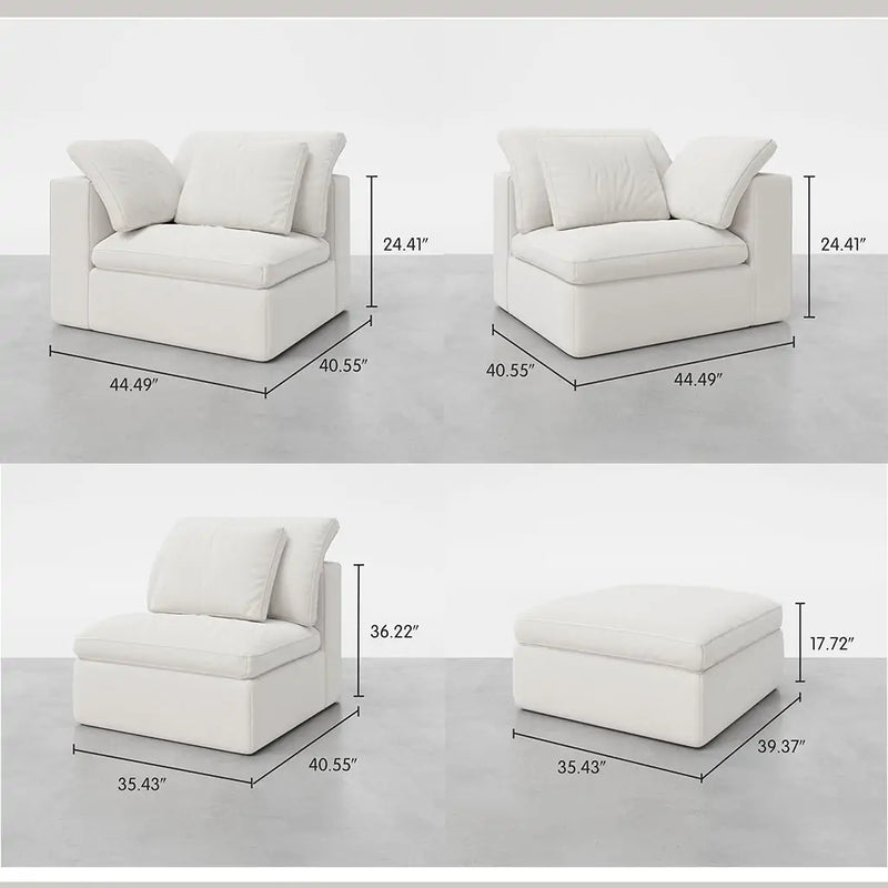 Dimensional charts of the four different styles of cozy nest modular sofas.