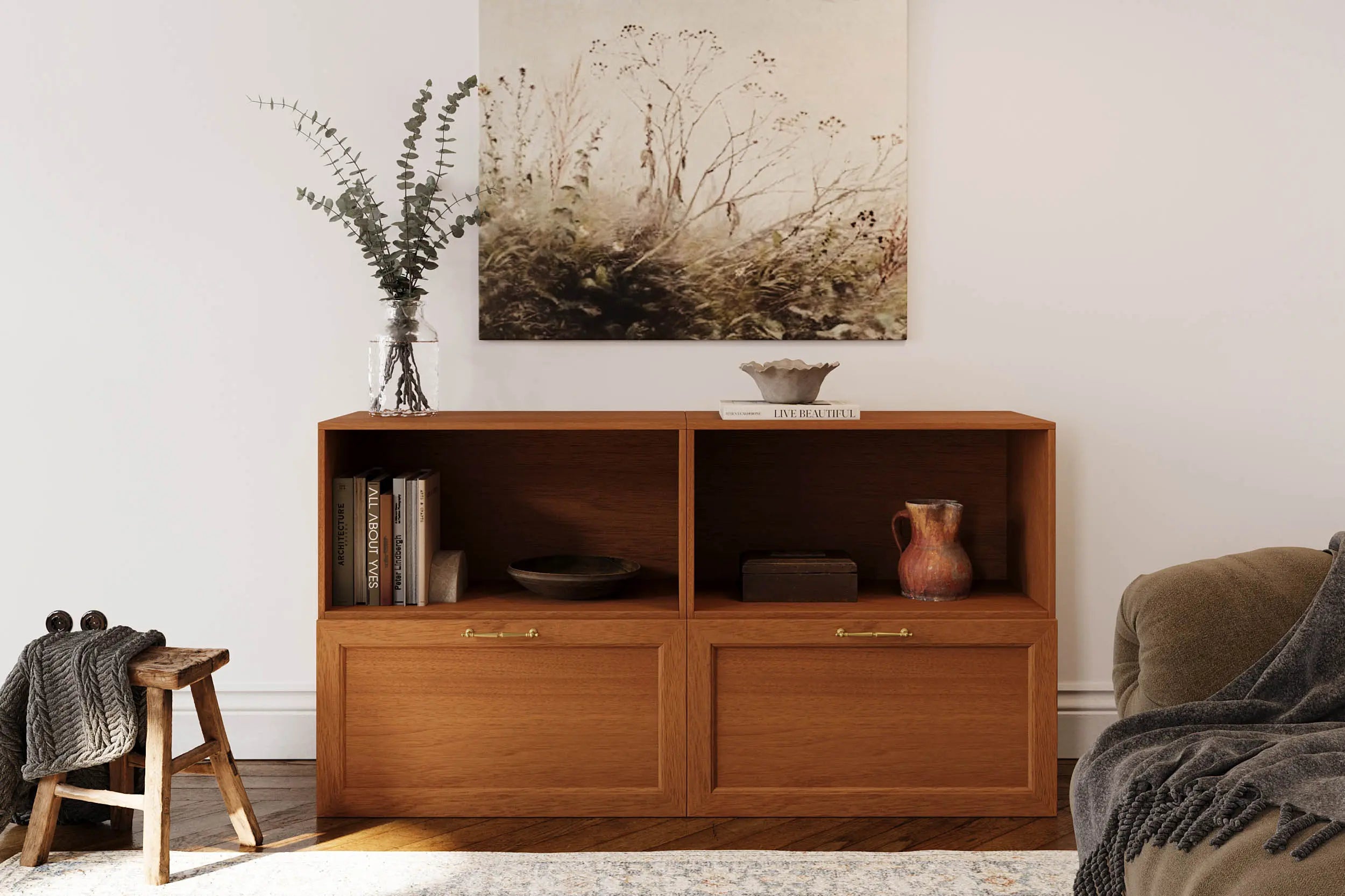 Cozy nest's 4-piece classic vintage modular sideboard in walnut.