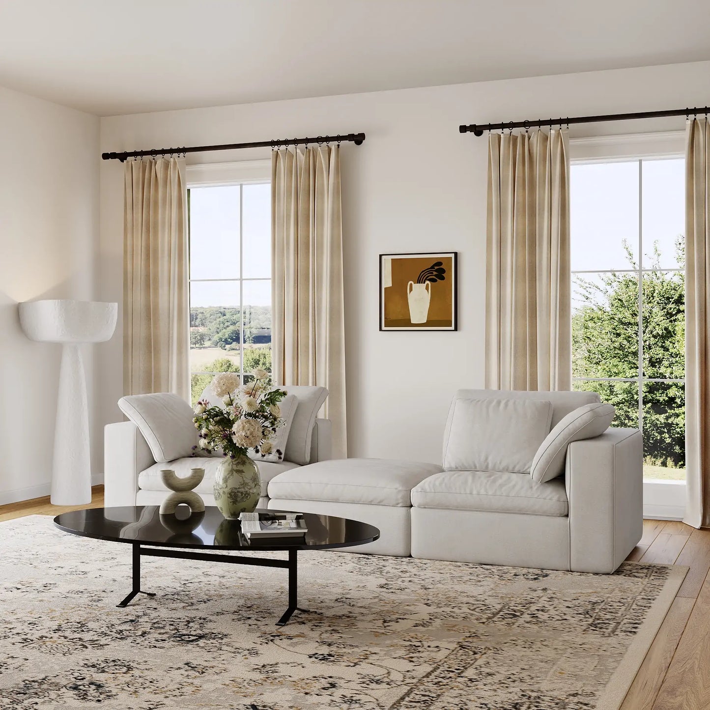 The modern and simple living room is equipped with a modular 3-seater sofa.