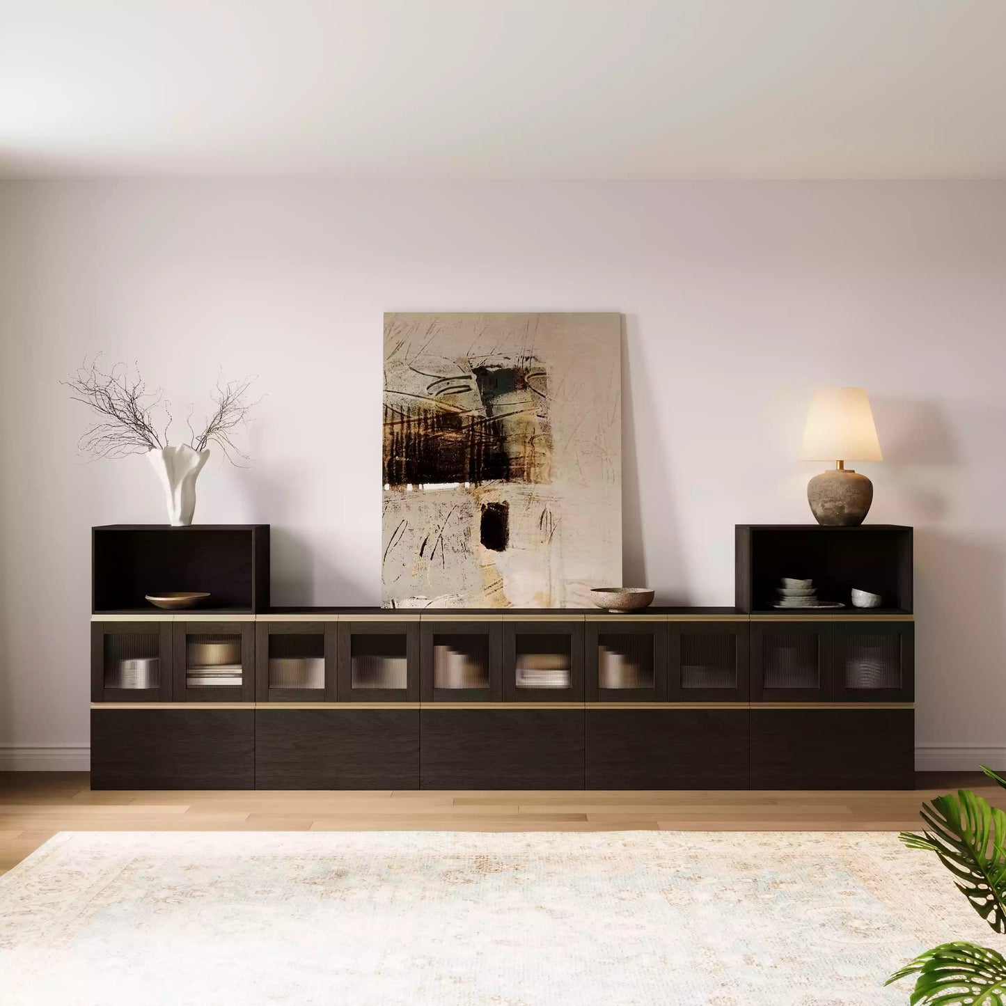 Wooden Media Stand 147.64"L 44.88"H | Black - Cozy Nest
