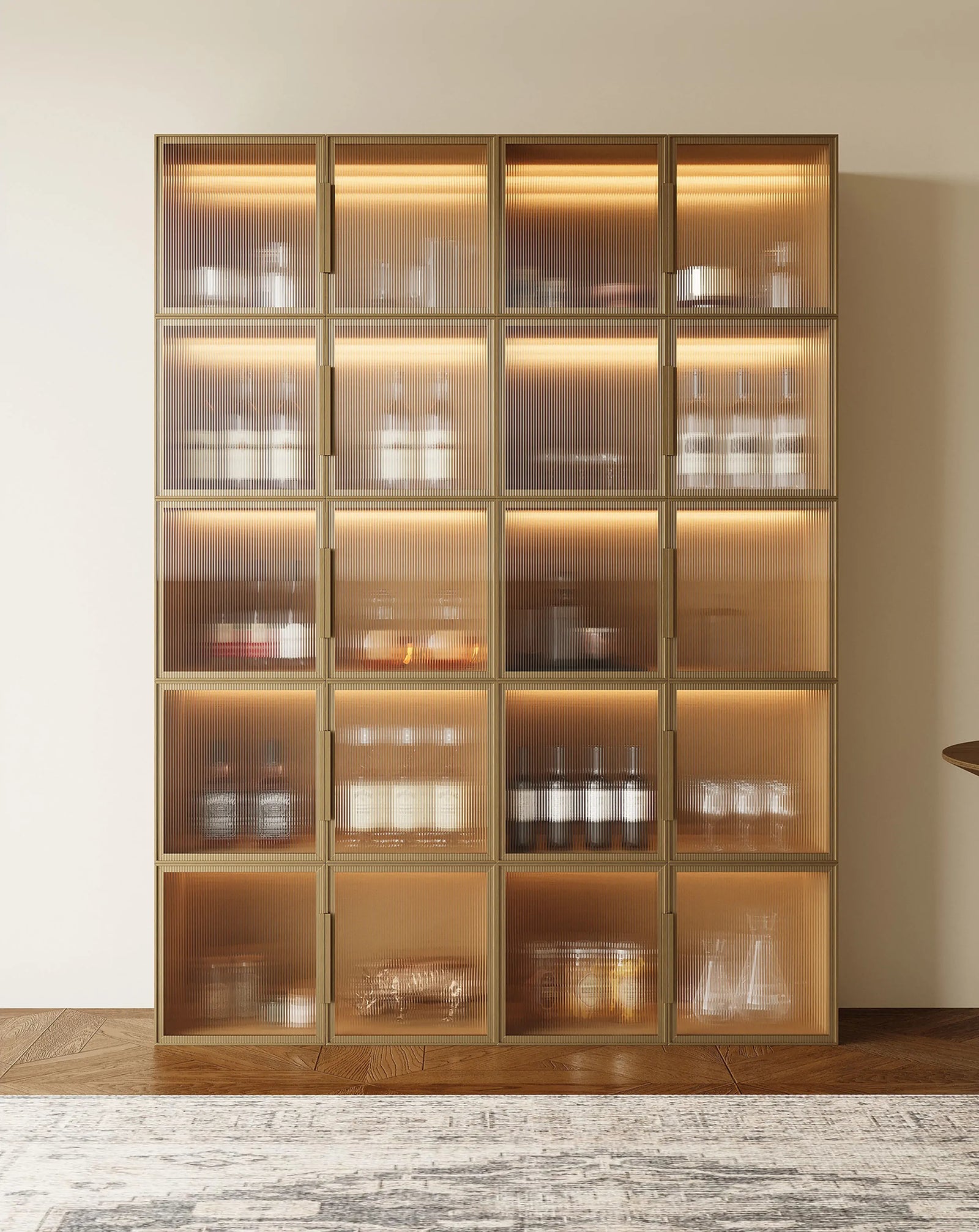20 basic cabinets in natural wood color are placed against the wall to form a simple wine cabinet that can hold many kinds of wine and is equipped with translucent acrylic doors to prevent dust.