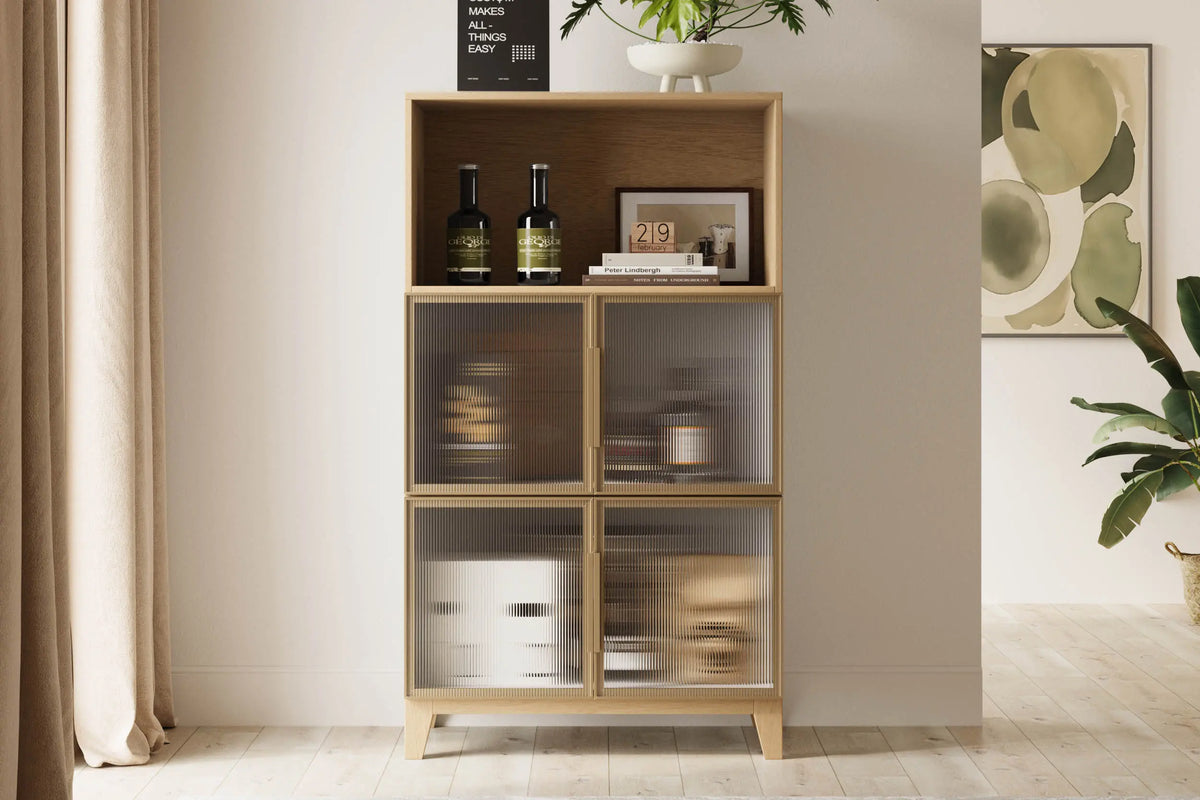 Cozy Nest's 3 Japanese minimalist chests of drawers in natural wood color with translucent double doors.