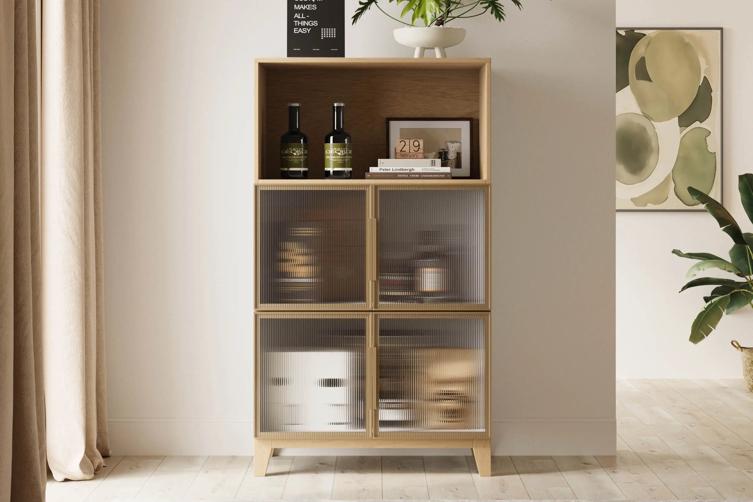 Cozy Nest's 3 Japanese minimalist chests of drawers in natural wood color with translucent double doors.