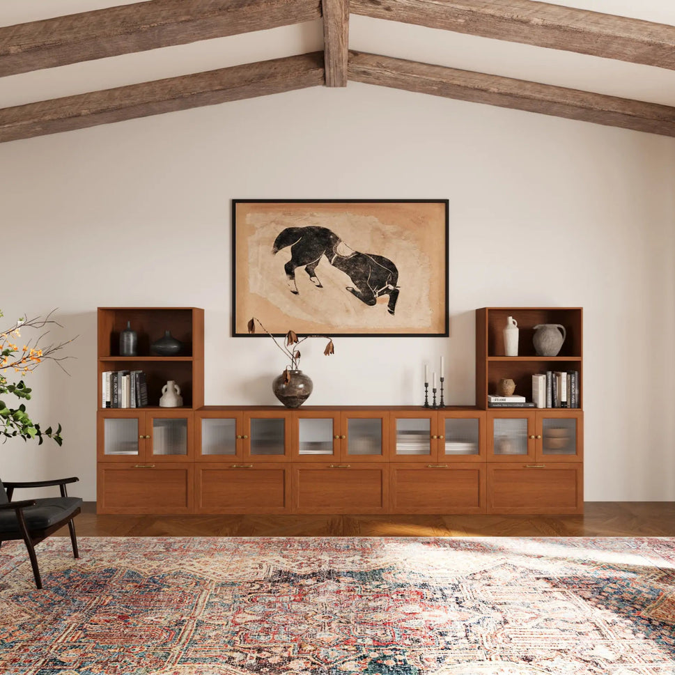 Classic 14-Cube Walnut U-Shaped Media Console with Legs | 147.65"L x 15.66"W x 67.72"H