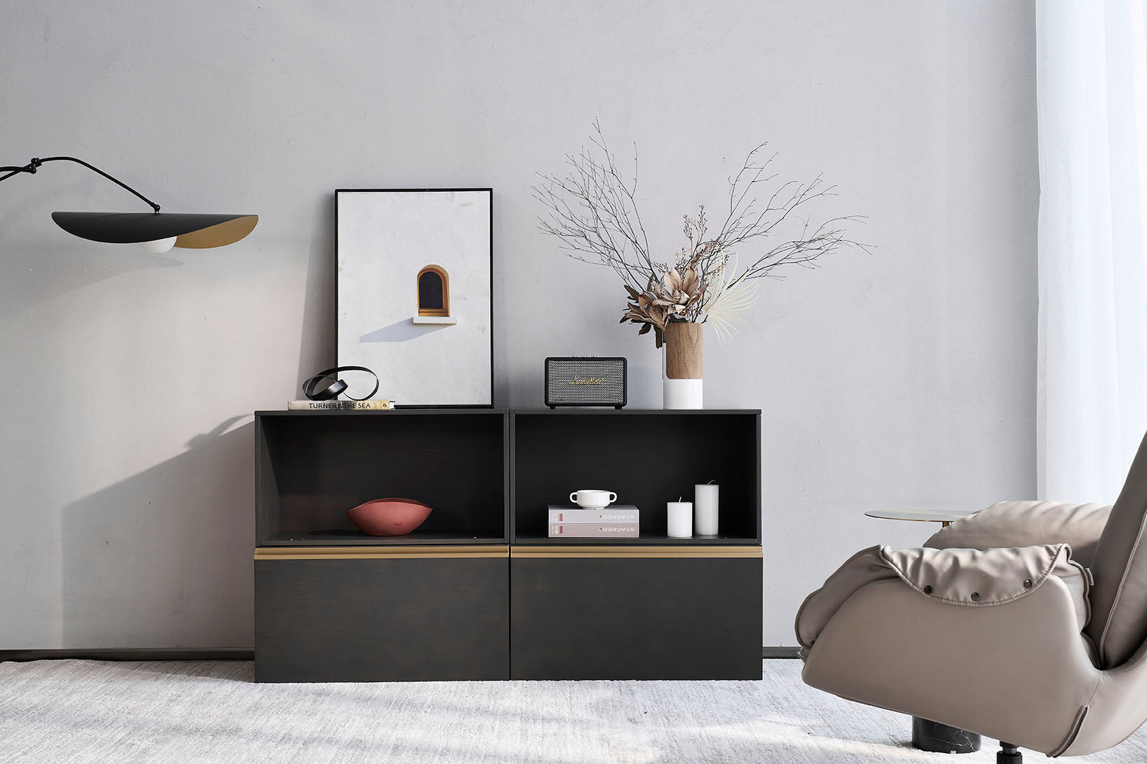 cozy nest Italian minimalist black sideboard with bottom-hinged doors.