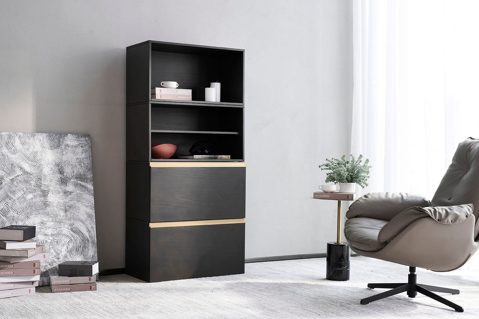 The cozy nest Italian minimalist black 4-drawer chest is equipped with doors and shelves.
