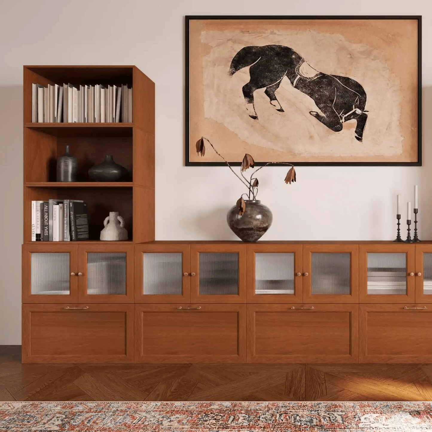 16 - Cube Walnut Wooden Media Stand | 147.65 "L x 15.66"W x 78.75"H - Cozy Nest