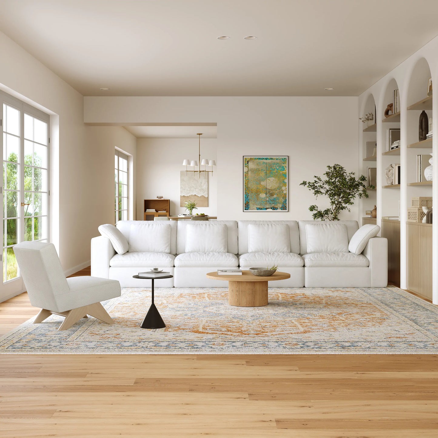 The modern and simple living room is equipped with a modular 4-seater sofa.