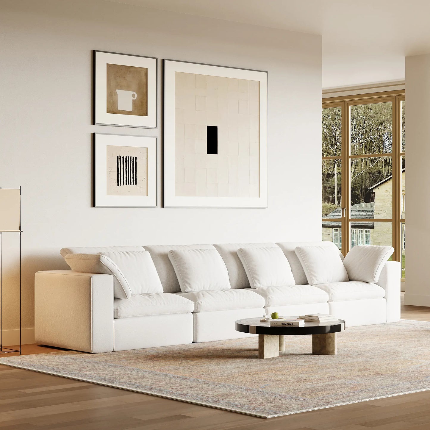 The modern and simple living room is equipped with a modular 4-seater sofa.
