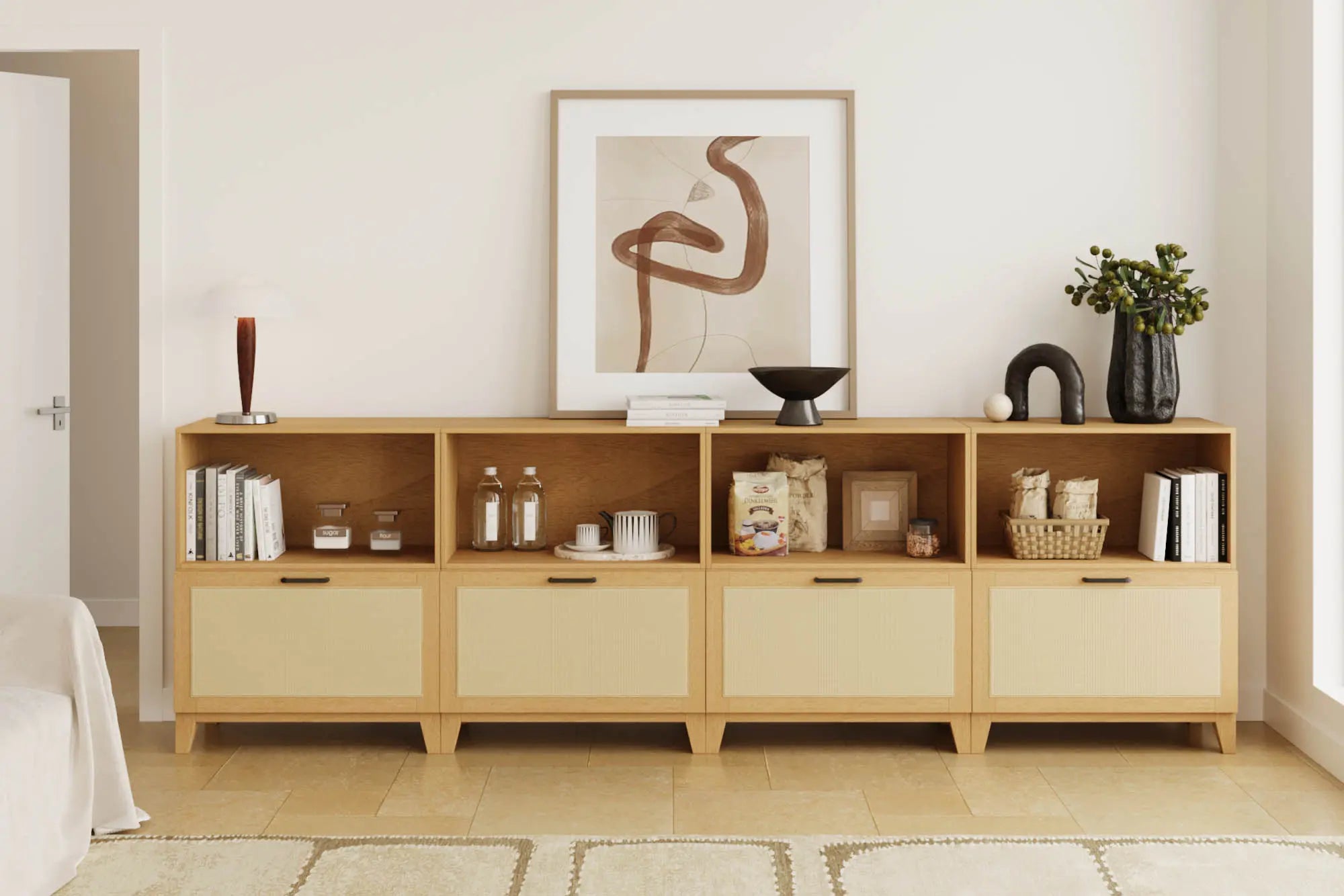 8 Japanese style log modular sideboards in natural wood color from cozy nest.