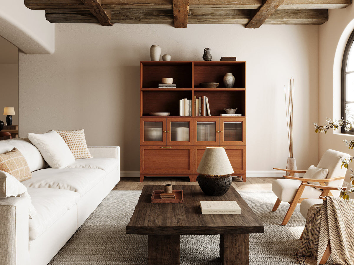 The wabi-sabi style living room features a 3-seater modular white sofa and a chest of drawers consisting of 8 walnut-colored basic cabinets.