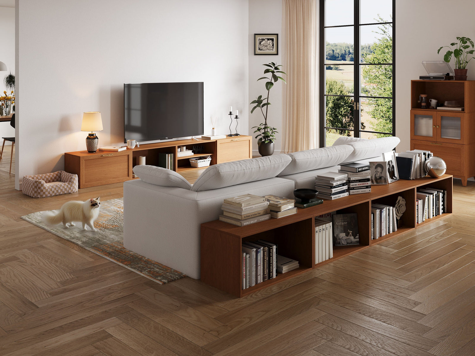 Many walnut-colored basic cabinets are displayed in an open living room, where they are combined into floor cabinets, TV cabinets and chests of drawers.