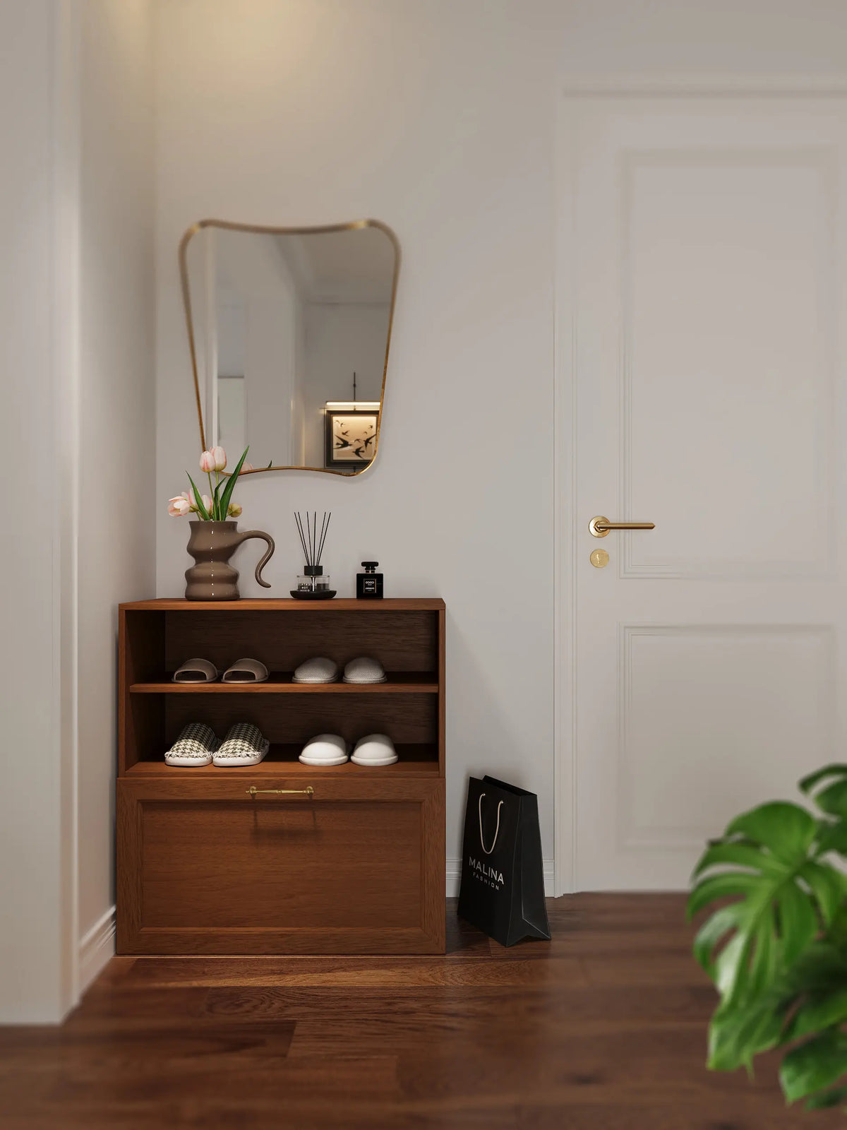 Cozy Nest's walnut-colored classic retro door-side shoe cabinet with flip-down doors is composed of two stacked basic cabinets.