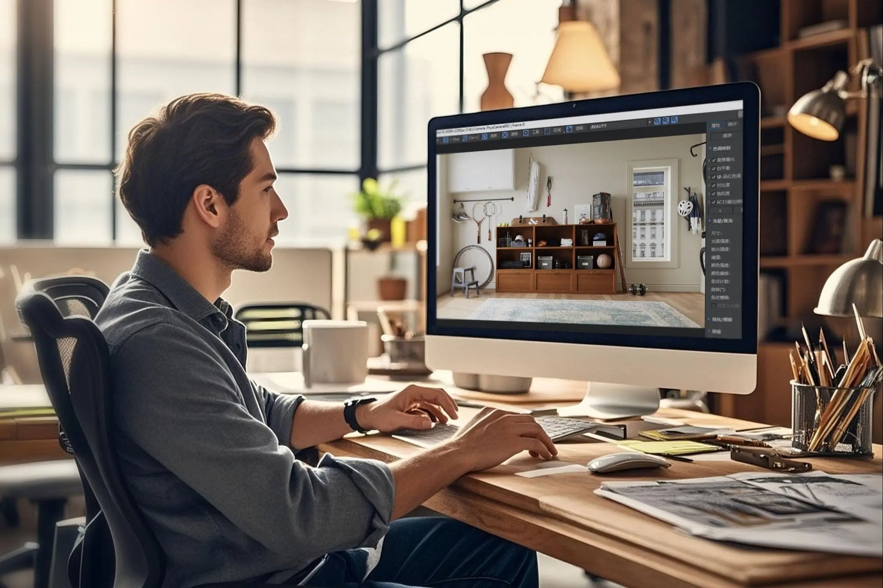 A designer from Cozy Nest sits in front of the computer to help a client design a cabinet for a specific scene.